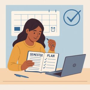 Illustration of a student creating a semester plan at a desk with a planner, calendar, and laptop, symbolizing academic planning and organization.