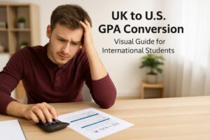 Student using GPA calculator on laptop for UK-to-US grade conversion with MyEvaluationPal