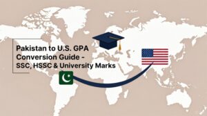 Illustration showing Pakistani SSC and HSSC students preparing documents for U.S. university admission with GPA conversion from Pakistan to U.S. 4.0 scale.