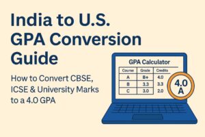 Illustration showing a GPA calculator on a laptop with the text ‘India to U.S. GPA Conversion Guide’ and a chart converting CBSE, ICSE, and Indian university grades to the U.S. 4.0 GPA scale.